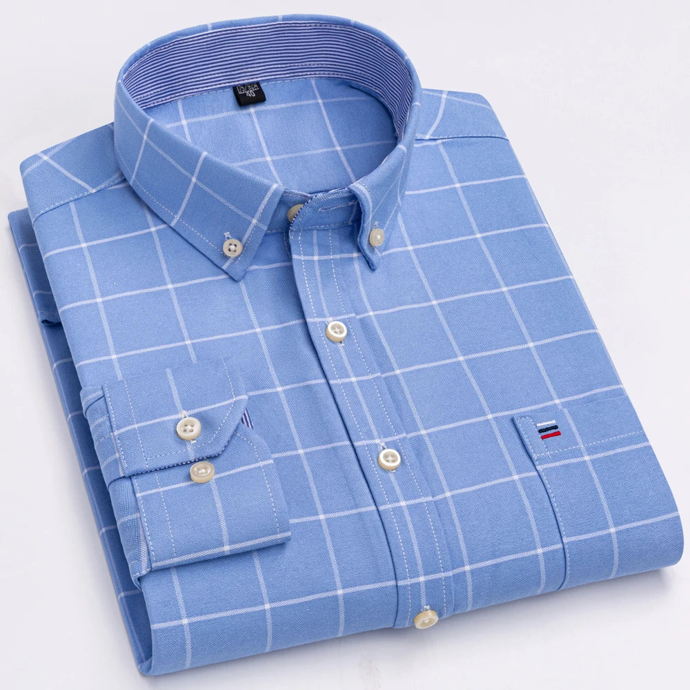 Men's Oxford Long Sleeve Shirt 100% Cotton Wrinkle Resistant & Breathable, Solid Plaid Striped Comfort Casual Button-down Shirts