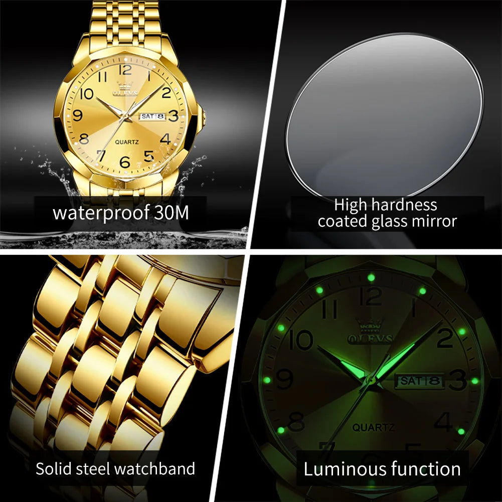 OLEVS Men's Watches Luxury Fashion Fine Steel Strap Top Brand Original Quartz Wristwatch for Man Rhombus Mirror Waterproof Date