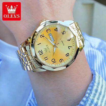 OLEVS Men's Watches Luxury Fashion Fine Steel Strap Top Brand Original Quartz Wristwatch for Man Rhombus Mirror Waterproof Date