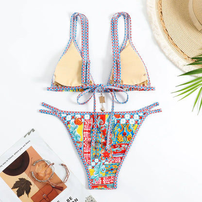 Swimming Suit for Women Bikini 2025 Sexy Boho Style Geometric Ethnic Print Swimsuit Beach Bathing Suit Thong Micro Swimwear
