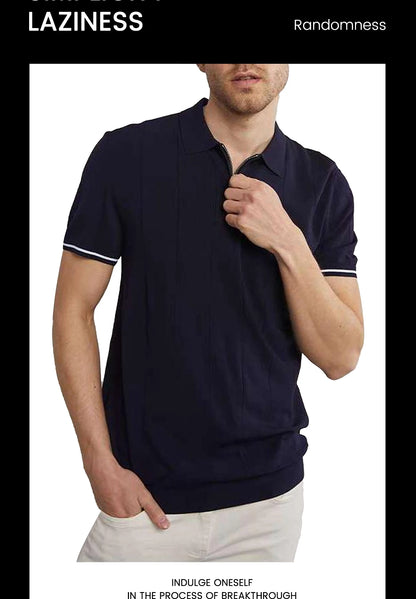 CH Men's Knitted Polo Shirt Half Zipper Lapel Short Sleeve Solid Color Casual Business Summer Breathable Top Tee