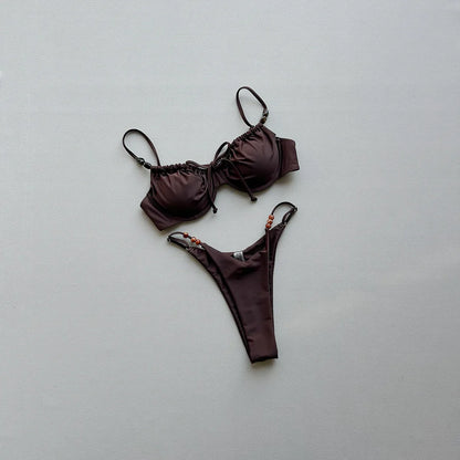 2026 New Sexy Underwire Padded Swimsuit Lace-up Micro Bikini Set Beachwear Female Push Up Low Waist Biquini Bead Decor Swimwear