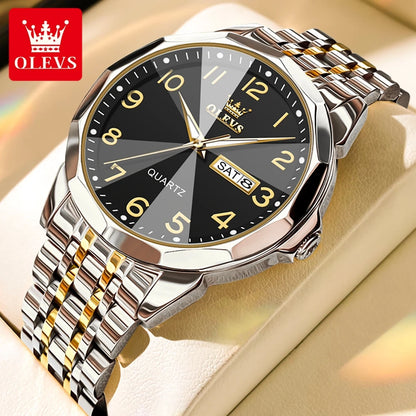 OLEVS Men's Watches Luxury Fashion Fine Steel Strap Top Brand Original Quartz Wristwatch for Man Rhombus Mirror Waterproof Date