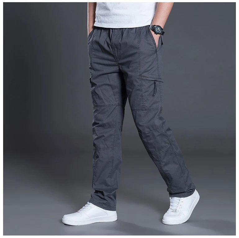 Big Size Men's Cargo Trousers Straight Leg Work Pant Men Loose Fit Cotton Summer Wide Overalls Male Side Multi Pocket Large Size