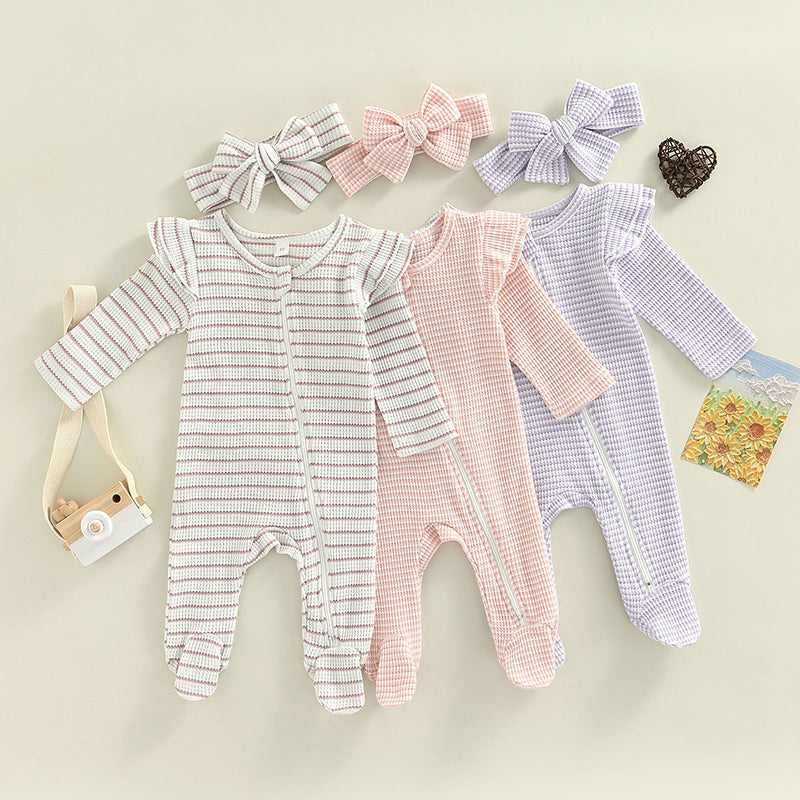 0-9M Newborn Baby Girl Clothes Ruffle Baby Sleeper Zipper Footie Knit Romper Playsuit Jumpsuit with Headband Outfit 2 Piece