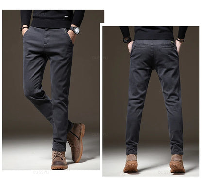 Autumn Winter High Quality Pants Men Elastic Waist Slim Coffee Twill Brand Clothing Thick Cargo Trousers Male Plus Size 28-38
