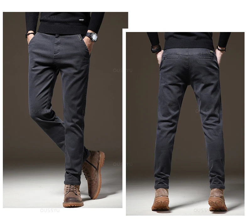 Autumn Winter High Quality Pants Men Elastic Waist Slim Coffee Twill Brand Clothing Thick Cargo Trousers Male Plus Size 28-38