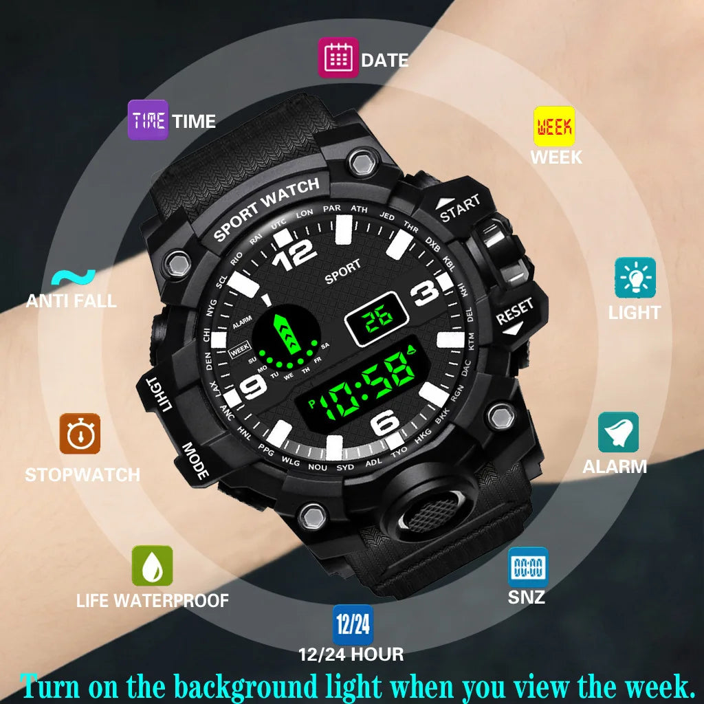 YIKAZE Sports Watch Men's LED Digital Watches Multifunction Military Clock Big Dial Waterproof Fitness Electronic Watch For Man