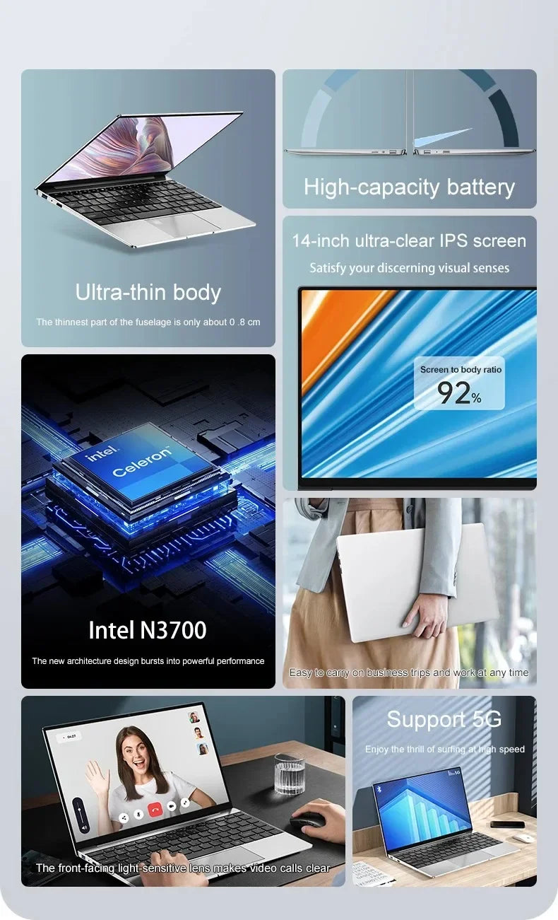 Ultra Slim Laptop 14.1" 16GB RAM 2TB SSD Intel N3700 Notebook Windows 11 Pro 1920*1080 Display Office Study Computer PC