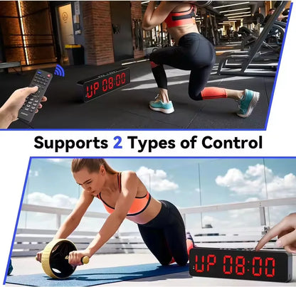 Gym Timer with Remote 11''x 3.5''Ultra-Clear Interval Timer with LED Countdown/Up Wall Clock Power Fitness Timer Stopwatch