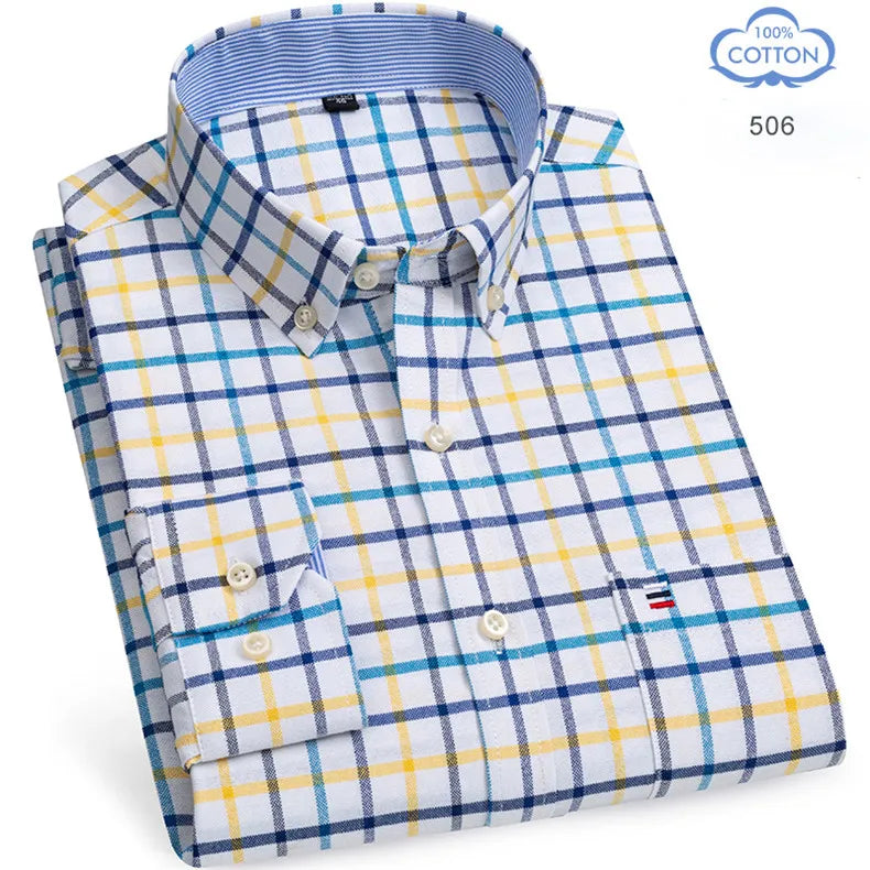 100% Pure Cotton Oxford Shirts for Men Long Sleeve Plaid Shirt Striped Male Business Checked Red Shirt Mans Designer Clothes 7XL