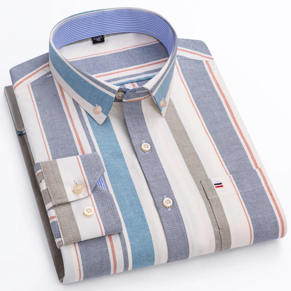 Men's Oxford Long Sleeve Shirt 100% Cotton Wrinkle Resistant & Breathable, Solid Plaid Striped Comfort Casual Button-down Shirts