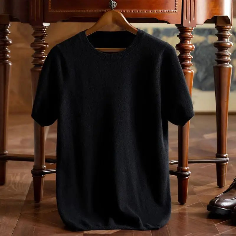 Superfine Merino Wool T Shirt Men's Knitted O-neck Breathable Thin Cashmer Short Sleeve Tee Solid Color  Men's Sweater Tops