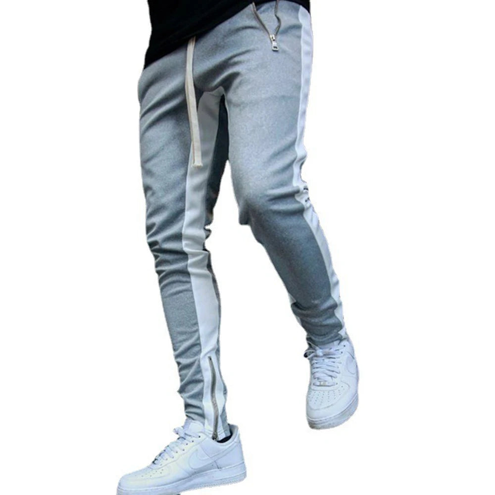 Mens Training Pants Plaid GYM Track Sweatpants Grey Joggers Breathable Stripe Fitness Male Running Sport Trousers Zipper Pockets