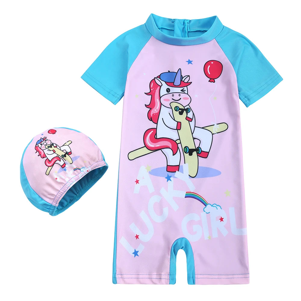 2025 Toddler Children Swimwear Suit Print UV Kids Boys Girls Summer Beach Clothes 2Pcs Cap+Bathing Swimming Diving Swimsuit