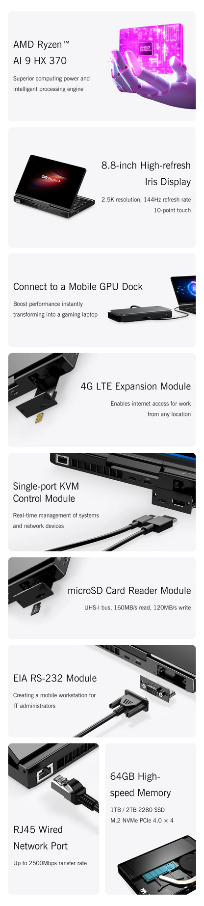 New 2025 version! GPD Pocket 4 8.8-inch AMD Ryzen AI 9 HX 370/8840U 64GB RAM 2TB NVMe Mini Laptop Computer for business