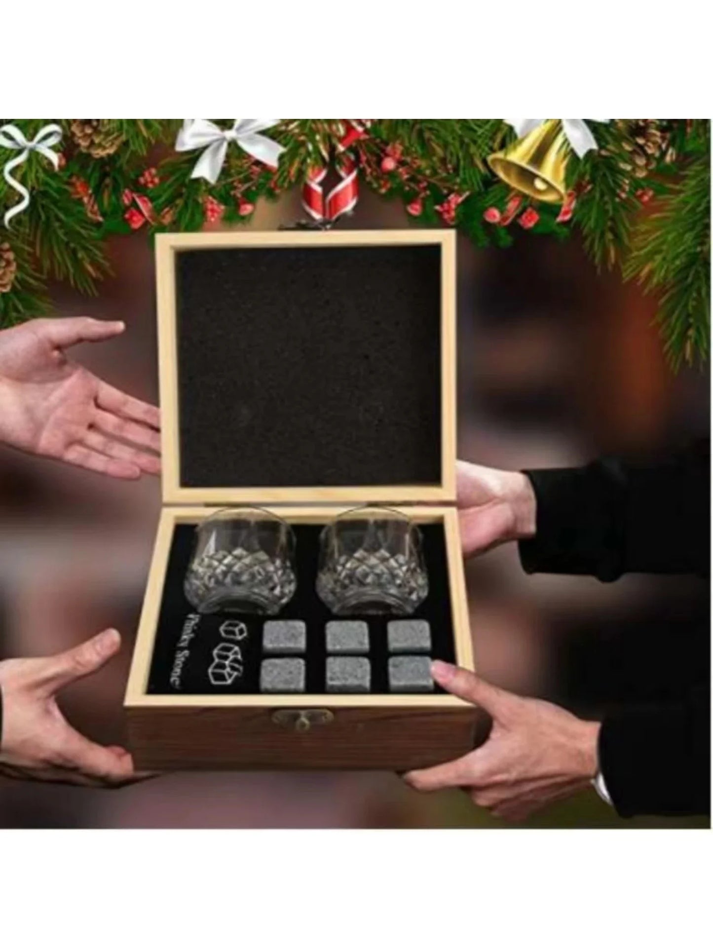 Father's Day Gift for Men Whiskey Stones Glasses Set Granite Ice Block for Whisky in Wooden Bottle Box Present for Dad Husband