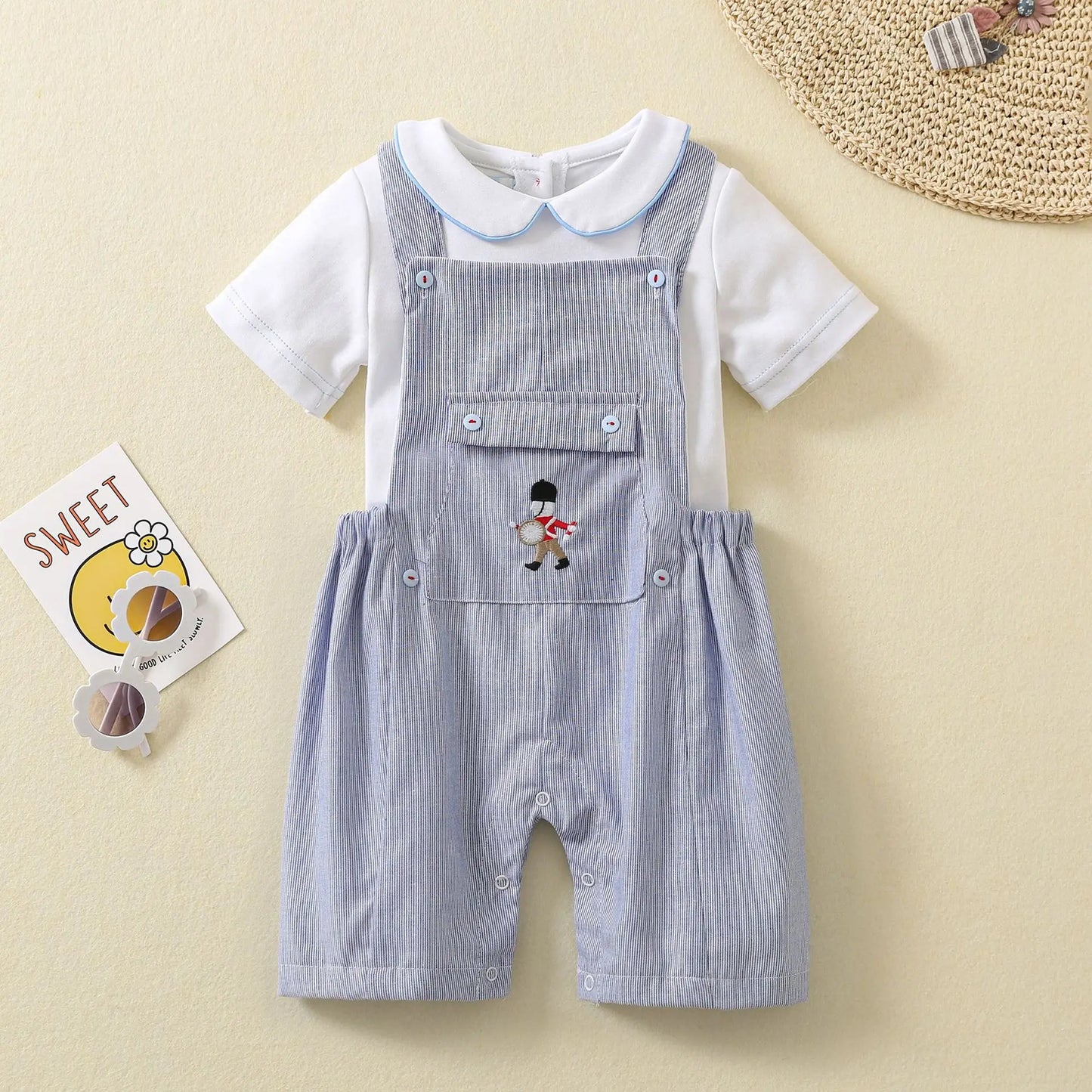 Ins Handmade Baby Boys' Clothes New British Wind Cotton Short-sleeved Shirt Embroidered Bear Clothes Baby Boys Boutique Suits