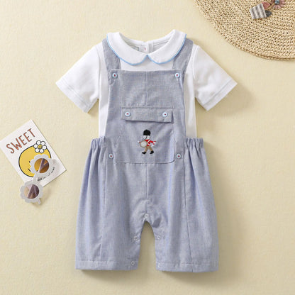 Ins Handmade Baby Boys' Clothes New British Wind Cotton Short-sleeved Shirt Embroidered Bear Clothes Baby Boys Boutique Suits
