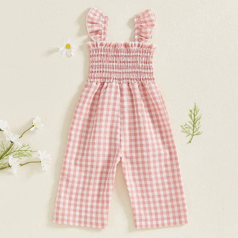 2025 Baby Girl Clothes Girl Cotton Overalls Ruffle Sleeve Strappy Gingham Checkered Romper Casual Loose Pants Outfit 0-4Y