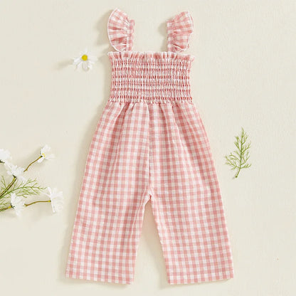 2025 Baby Girl Clothes Girl Cotton Overalls Ruffle Sleeve Strappy Gingham Checkered Romper Casual Loose Pants Outfit 0-4Y
