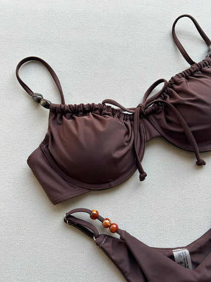 2026 New Sexy Underwire Padded Swimsuit Lace-up Micro Bikini Set Beachwear Female Push Up Low Waist Biquini Bead Decor Swimwear
