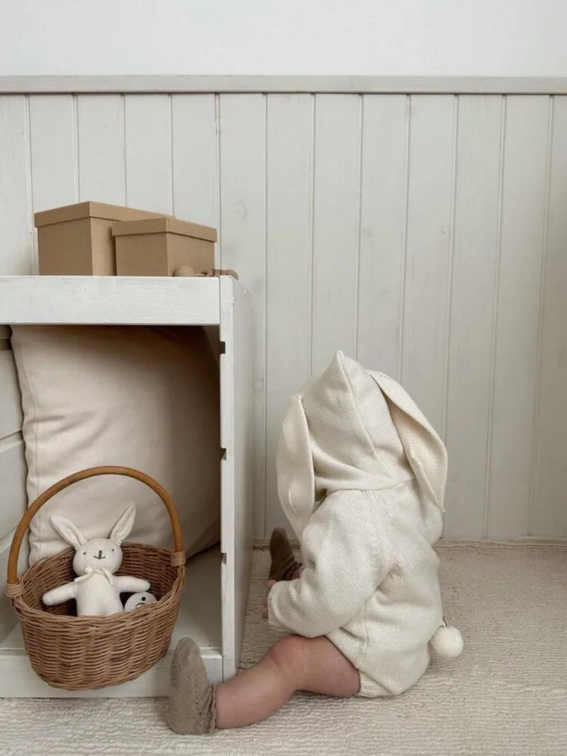 Bunny Ear Hooded Knit Baby Romper