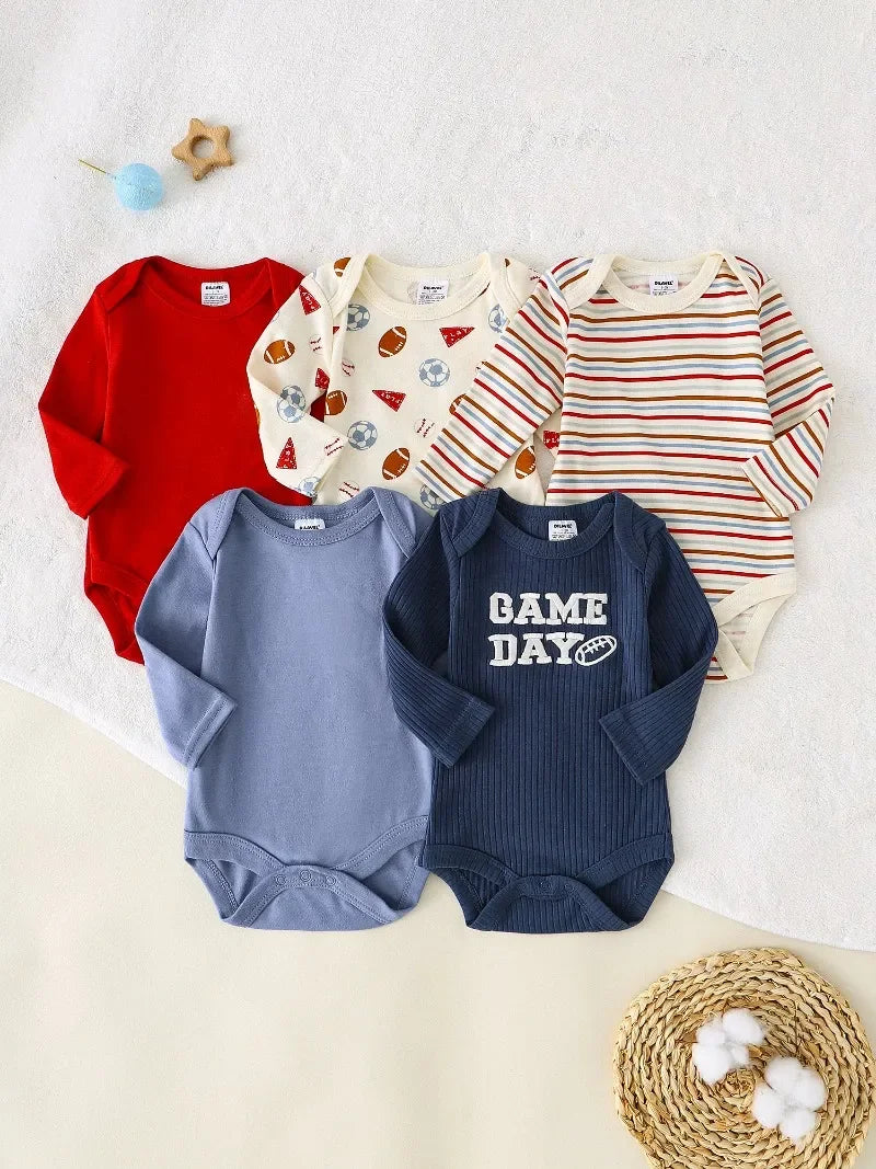 5-Pack Baby Boy Long Sleeve Onesies – Cotton (0-9M)
