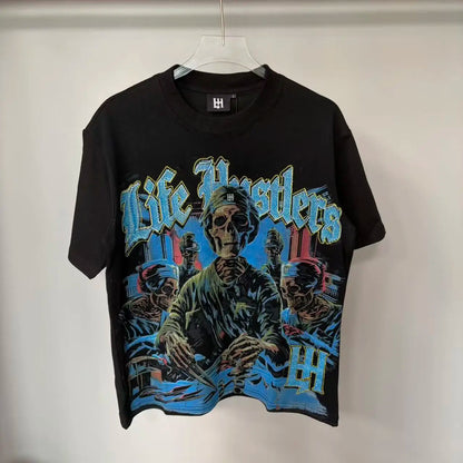 New fashion brand LIFE HUSTLERS Y2K hot stamping hole Men Women T-shirt Streetwear 100% Cotton Loose Round Neck Top Tees