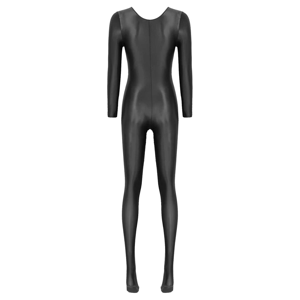 Women Oil Shiny Long Sleeve Pantyhose Jumpsuit Bodystocking Yoga Gymnastics Shapewear One-Piece Swimsuit Catsuit Glossy Bodysuit