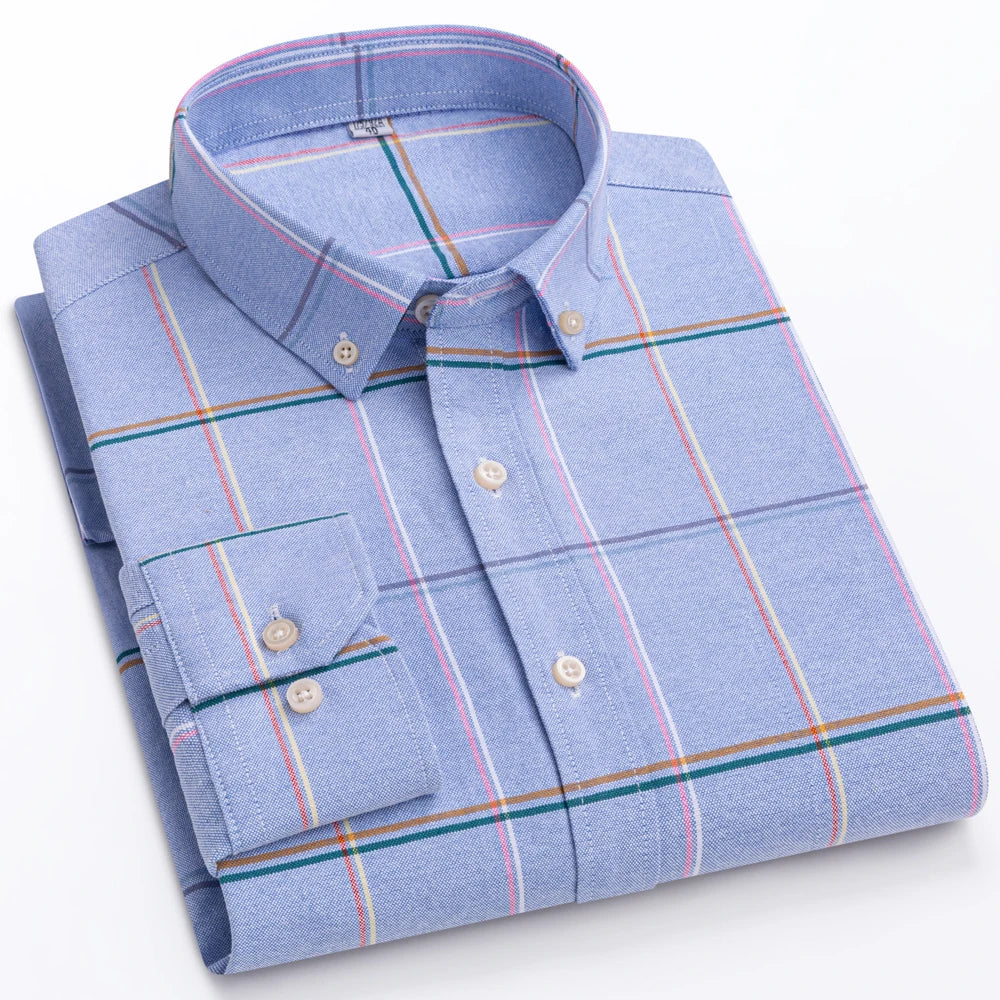 Men's Oxford Long Sleeve Shirt 100% Cotton Wrinkle Resistant & Breathable, Solid Plaid Striped Comfort Casual Button-down Shirts
