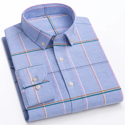 Men's Oxford Long Sleeve Shirt 100% Cotton Wrinkle Resistant & Breathable, Solid Plaid Striped Comfort Casual Button-down Shirts