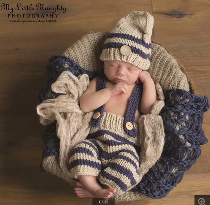 Baby Photo Costume Clothes Newborn Girls Boys Photography Prop Crochet Knit Overall Bib Pants + Hat 2pcs Sets Striped Outfits