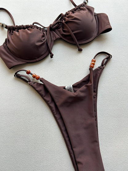 2026 New Sexy Underwire Padded Swimsuit Lace-up Micro Bikini Set Beachwear Female Push Up Low Waist Biquini Bead Decor Swimwear