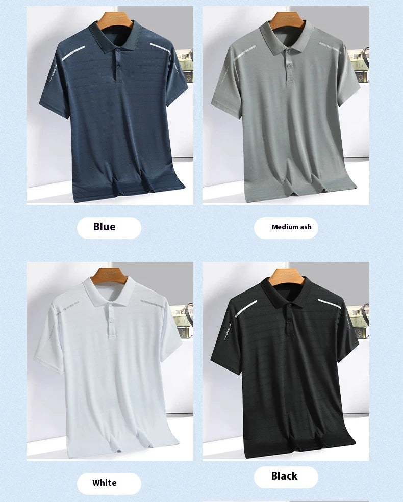 Summer Ice Silk Polo Top Short sleeved Polo Collar Quick Drying Sports Shirt Trendy and Fashionable Thin Breathable T-shirt