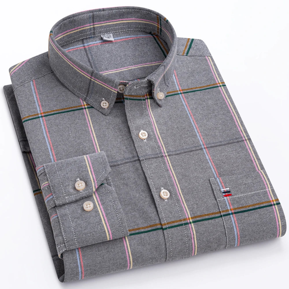 Men's Oxford Long Sleeve Shirt 100% Cotton Wrinkle Resistant & Breathable, Solid Plaid Striped Comfort Casual Button-down Shirts