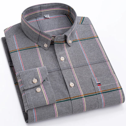 Men's Oxford Long Sleeve Shirt 100% Cotton Wrinkle Resistant & Breathable, Solid Plaid Striped Comfort Casual Button-down Shirts