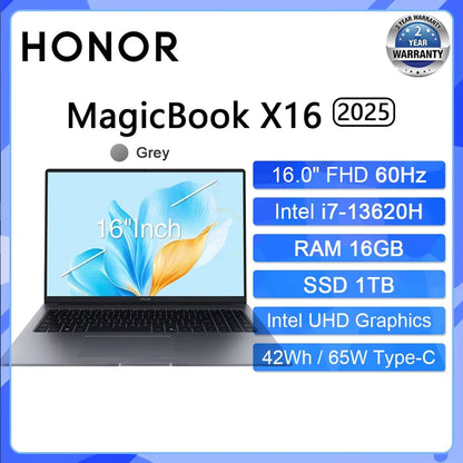 HONOR MagicBook X16 2025 Laptop Intel Core i5-13420H i7-13620H RAM 16GB SSD 512GB 1TB 16"Inch FHD Notebook Ultrabook Computer PC