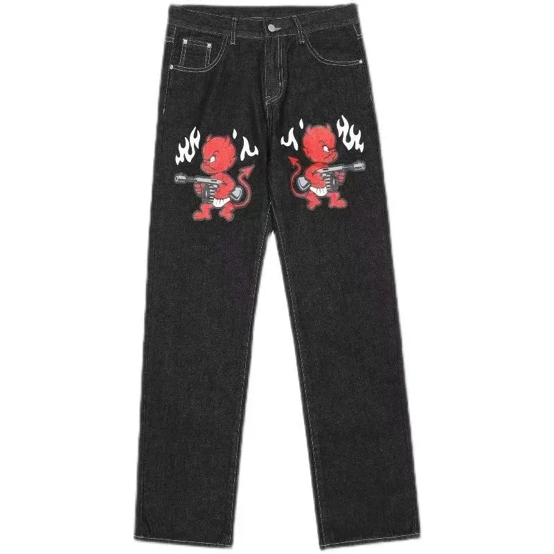 Gothic Halloween Scythe Grim Reaper Hip Hop Streetwear Jeans Men Women Retro Punk Print Traight Wide-leg Black Baggy Denim Pants
