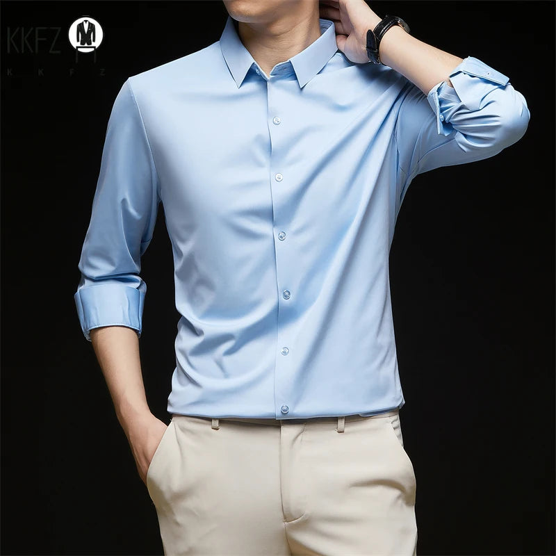 New Men's Business Casual Long Sleeved Solid Color Shirt Wrinkle Resistant Wrinkle Free Comfortable All Season Versatile Top