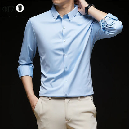 New Men's Business Casual Long Sleeved Solid Color Shirt Wrinkle Resistant Wrinkle Free Comfortable All Season Versatile Top