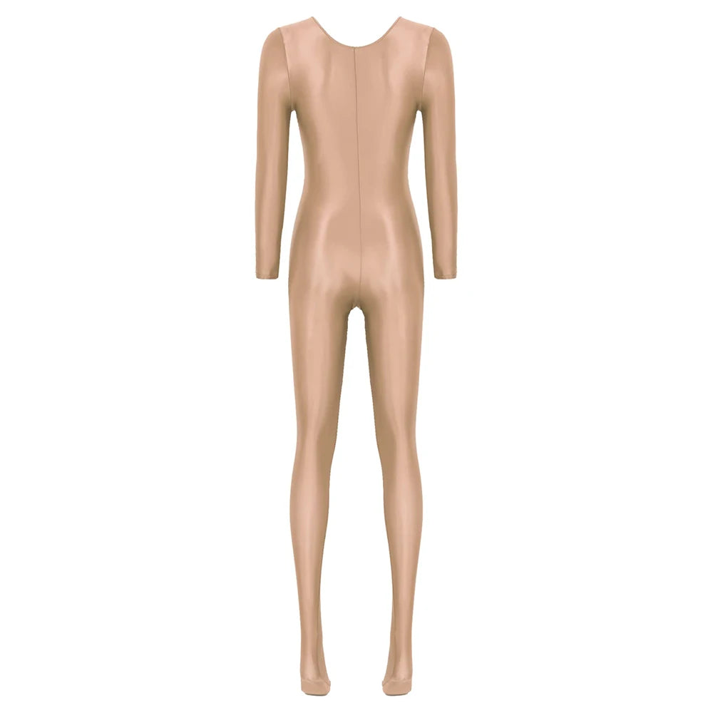 Women Oil Shiny Long Sleeve Pantyhose Jumpsuit Bodystocking Yoga Gymnastics Shapewear One-Piece Swimsuit Catsuit Glossy Bodysuit