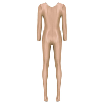 Women Oil Shiny Long Sleeve Pantyhose Jumpsuit Bodystocking Yoga Gymnastics Shapewear One-Piece Swimsuit Catsuit Glossy Bodysuit