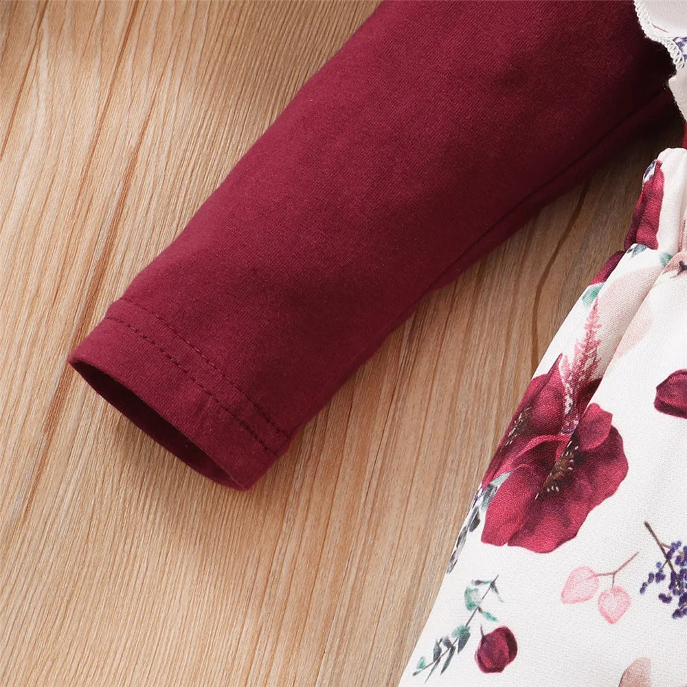 0-24 Months Newborn Baby Girl 3PCS Clothes Set Long Sleeve Romper+Flower Strap Pants+Headband Spring&Autumn Lovely Outfit
