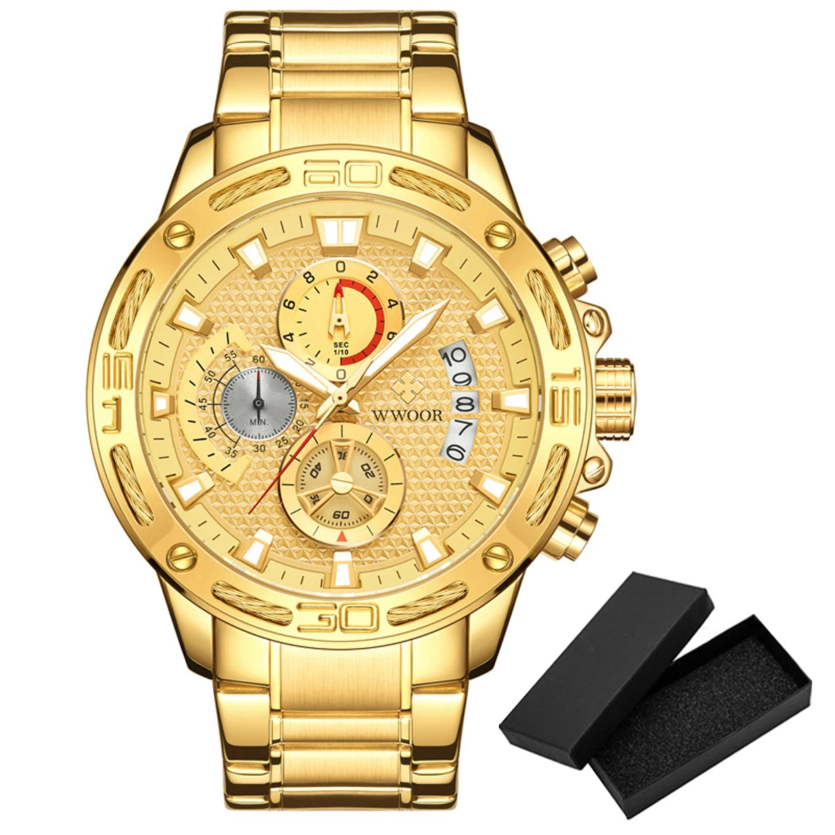 Fashion Men Watches Wwoor Top Brand Luxury Gold Full Stainless Steel Quartz Watch Waterproof Sport Chronograph Relogio Masculino
