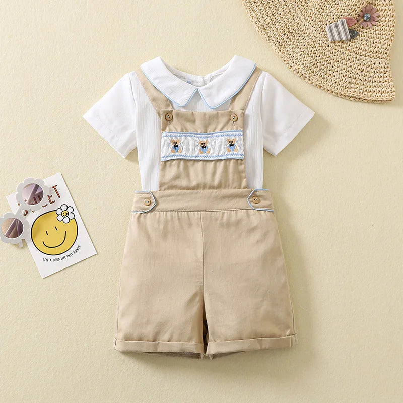 Ins Handmade Baby Boys' Clothes New British Wind Cotton Short-sleeved Shirt Embroidered Bear Clothes Baby Boys Boutique Suits