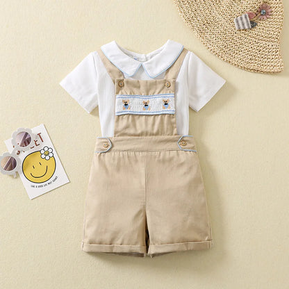 Ins Handmade Baby Boys' Clothes New British Wind Cotton Short-sleeved Shirt Embroidered Bear Clothes Baby Boys Boutique Suits