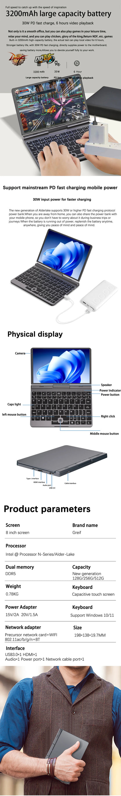 YSJMNPC 12th Gen Mini Laptop Intel N95 Quad Core 8 Inch Screen LPDDR5 12GB 4800MHz M.2 1TB Windows11Pro AX WiFi6 BT5.2 RJ45 LAN
