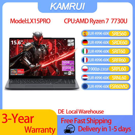 KAMRUI 15.6 Gaming Laptop with AMD Ryzen7 7730U 16GB DDR4 RAM 512GB SSD WiFi 6 Windows 11 Laptop Computer for Video Editing