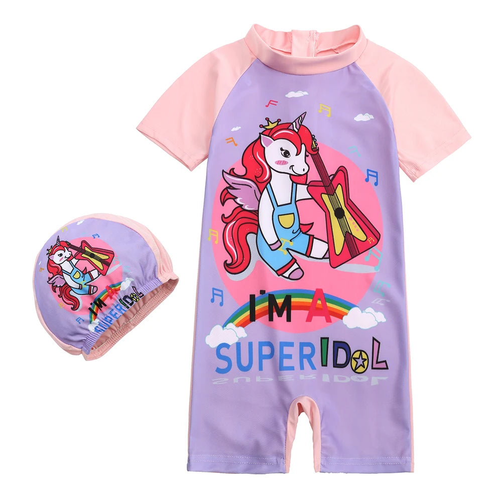 2025 Toddler Children Swimwear Suit Print UV Kids Boys Girls Summer Beach Clothes 2Pcs Cap+Bathing Swimming Diving Swimsuit